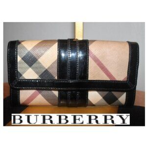 $469 Burberry Supernova Check Patent Black Leather Penrose Continental Wallet